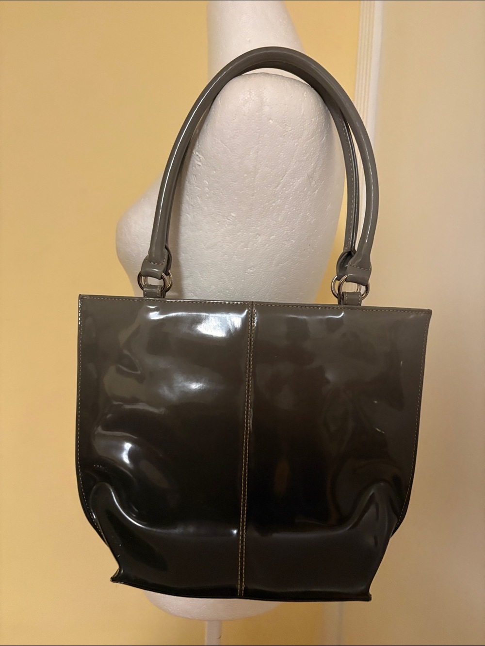 Glossy Dark Gray Patent Tote Bag with Double Handles